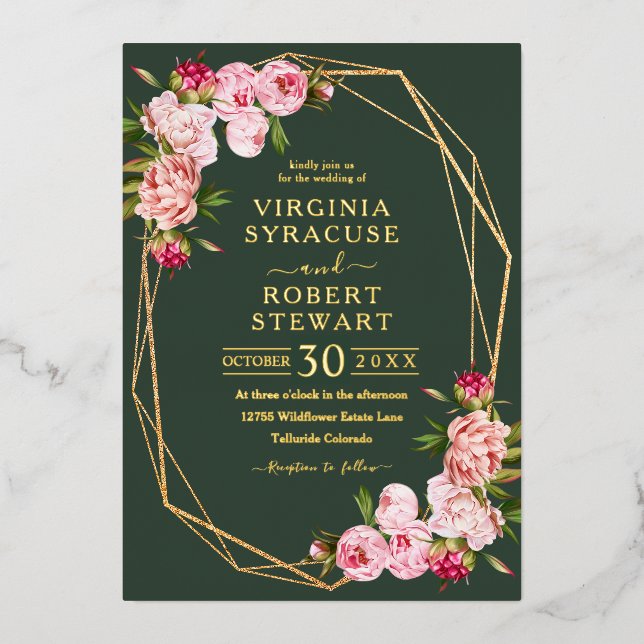 Blush Pink Geometric Royal Green Wedding Foil Invitation (Front)