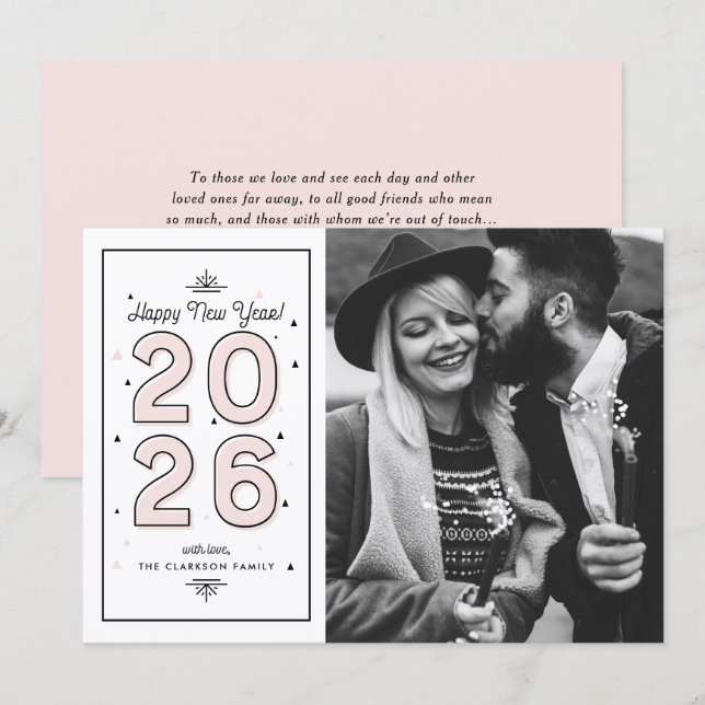 Blush Pink Geometric Typography New Year Photo Holiday Card (Front/Back)