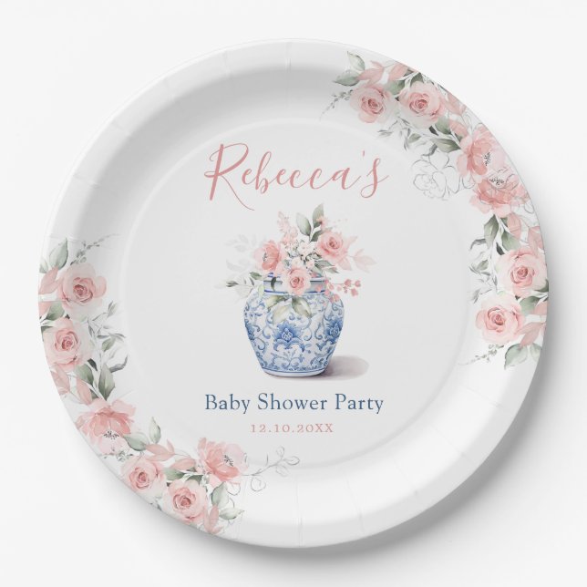 Blush Pink Ginger Jar Chinoiserie Baby Shower Paper Plates (Front)