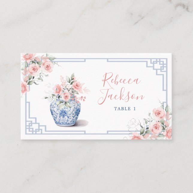 Blush Pink Ginger Jar Chinoiserie Shower Place Card (Front)