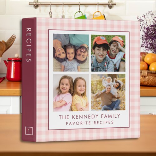 Blush Pink Gingham 4 Photo Family Recipe Cookbook 3 Ring Binder