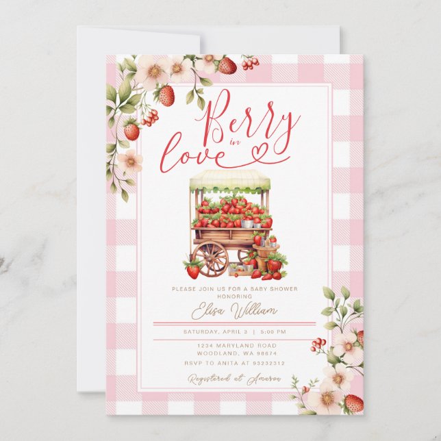 Blush Pink Gingham Berry in love baby shower Invitation (Front)