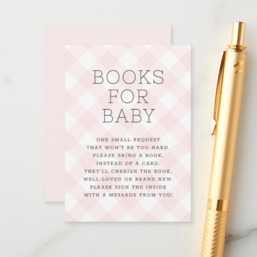 Blush Pink Gingham Books For Baby Shower  Enclosure Card