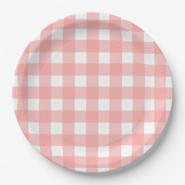 Blush Pink Gingham Check Pattern Paper Plates (Front)