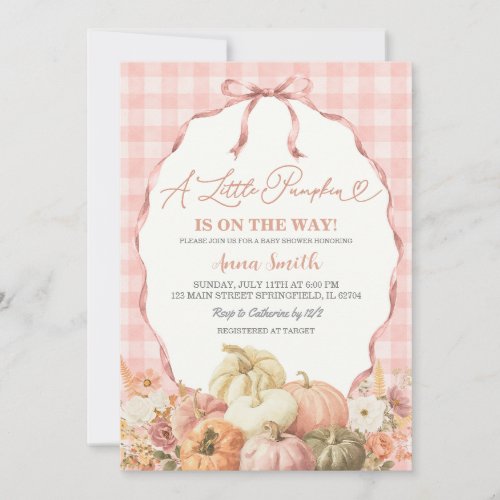 Blush Pink Gingham Coquette Pumpkin Baby Shower Invitation