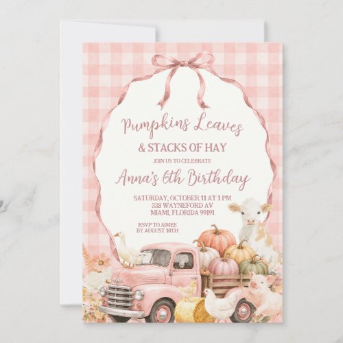 Blush Pink Gingham Farm Animal Kids Birthday Invitation
