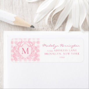 Blush Pink Gingham Floral Crest Monogram Address Label