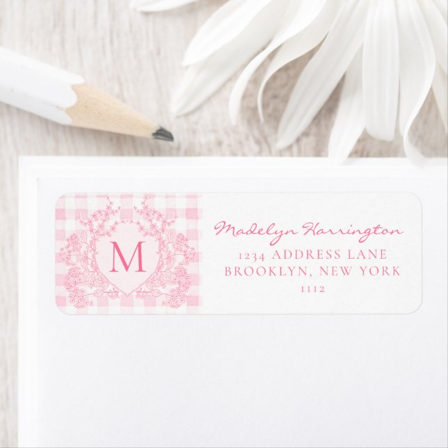 Blush Pink Gingham Floral Crest Monogram Address Label (Insitu)
