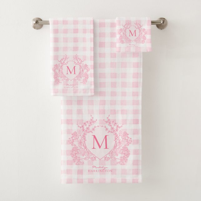 Blush Pink Gingham Floral Crest Monogram Bath Towel Set (Insitu)