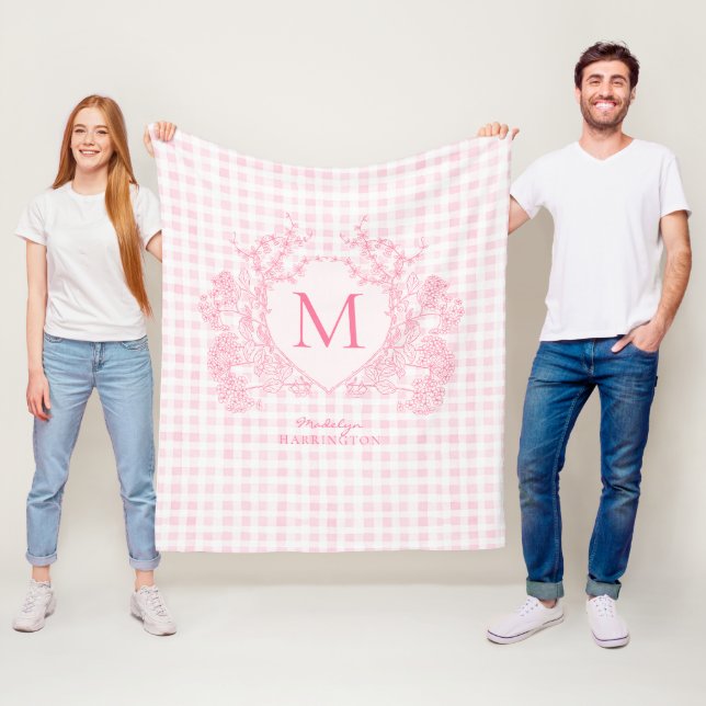 Blush Pink Gingham Floral Crest Monogram Fleece Blanket (In Situ)