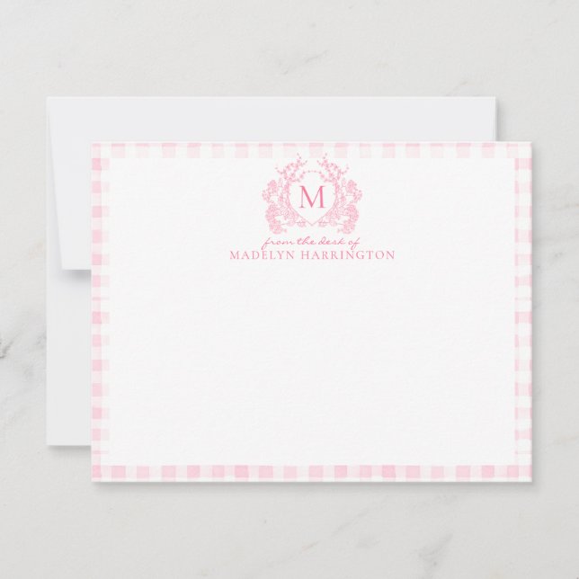Blush Pink Gingham Floral Crest Monogram Note Card (Front)