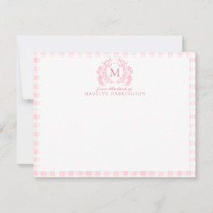 Blush Pink Gingham Floral Crest Monogram Note Card