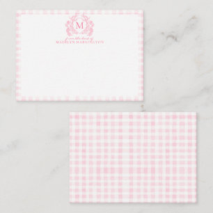 Blush Pink Gingham Floral Crest Monogram Note Card