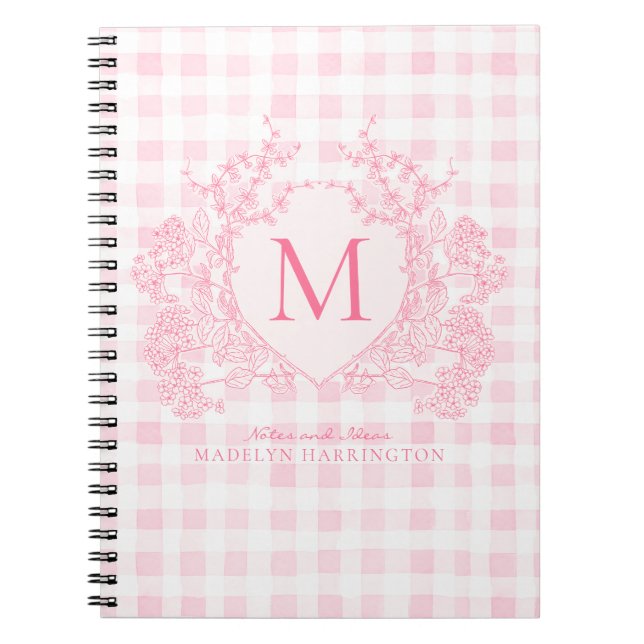 Blush Pink Gingham Floral Crest Monogram Notebook (Front)