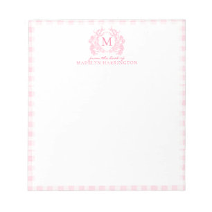 Blush Pink Gingham Floral Crest Monogram Notepad