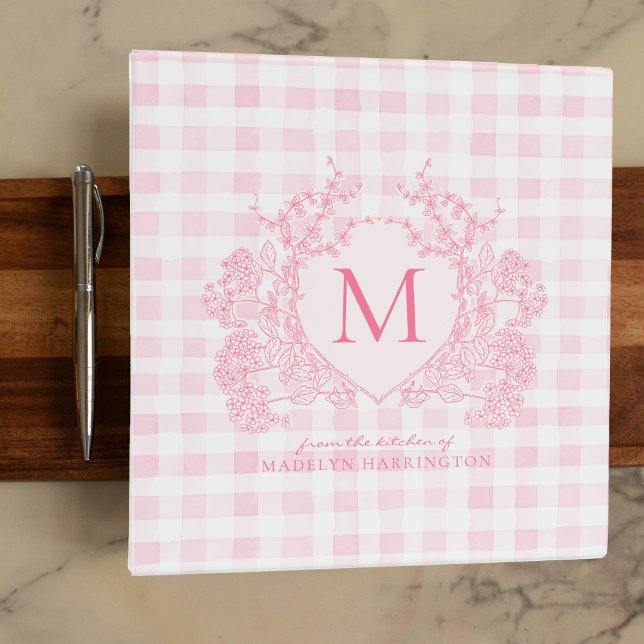 Blush Pink Gingham Floral Crest Monogram Recipe 3 Ring Binder (Creator Uploaded)