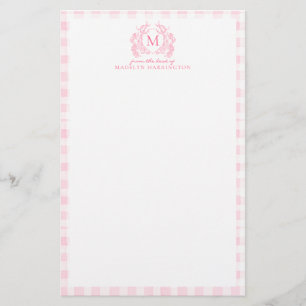 Blush Pink Gingham Floral Crest Monogram Stationery