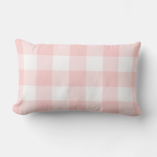 Blush Pink Gingham Pattern Checkered Lumbar Pillow (Front)