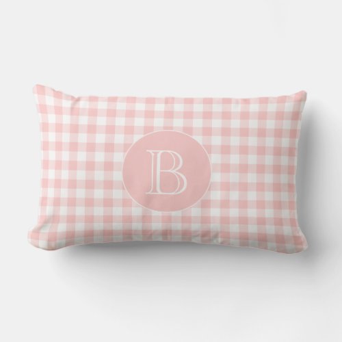 Blush Pink Gingham Pattern Custom Monogram Lumbar Pillow