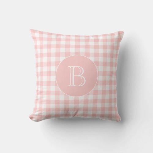 Blush Pink Gingham Pattern Custom Monogram Throw Pillow