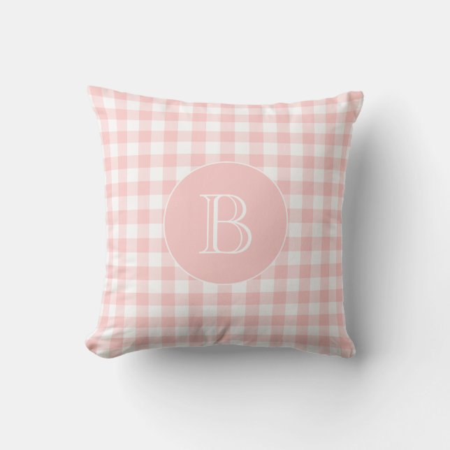 Blush Pink Gingham Pattern Custom Monogram Throw Pillow (Front)
