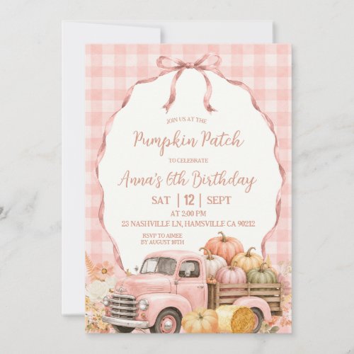 Blush Pink Gingham Pumpkin Patch Birthday Invitation