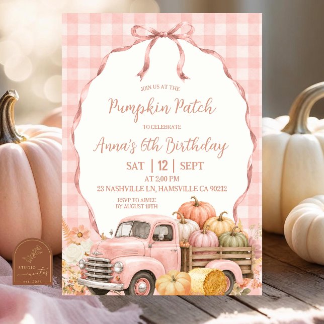 Blush Pink Gingham Pumpkin Patch Birthday Invitation (Creator Uploaded)
