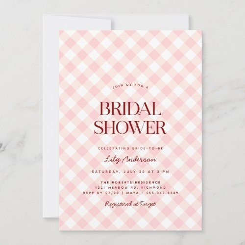 Blush Pink Gingham  Spring Picnic Bridal Shower Invitation