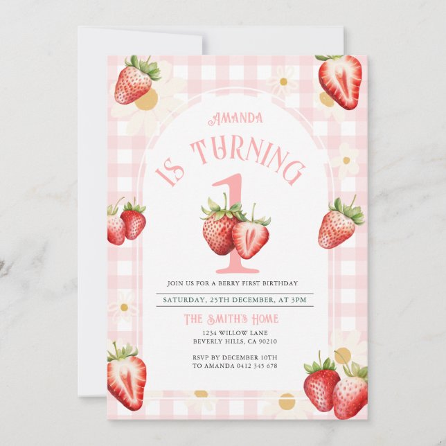 Blush Pink Gingham Strawberry Daisy Birthday Invitation (Front)