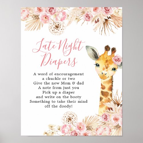 Blush Pink Giraffe Baby Shower Late Night Diaper Poster