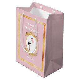 Blush pink girl baby shower gold stork medium gift bag