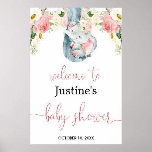 Blush pink girl elephant baby shower welcome sign