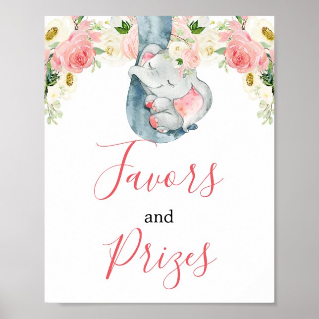 Blush pink girl elephant favors prizes sign (Front)