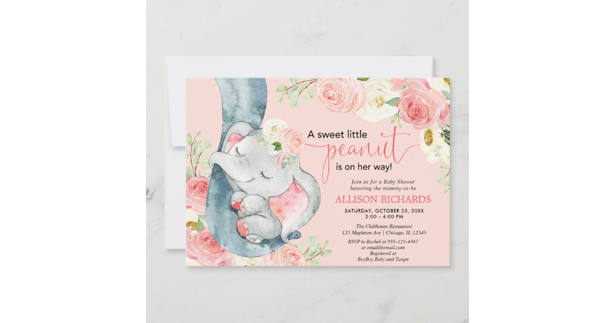 Blush pink girl elephant floral baby shower invitation | Zazzle
