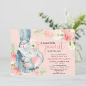 Blush pink girl elephant floral baby shower invitation (Standing Front)