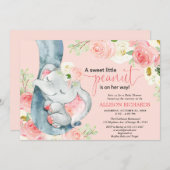 Blush pink girl elephant floral baby shower invitation (Front/Back)