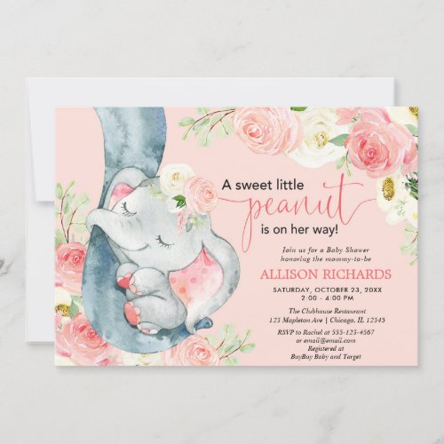 Blush pink girl elephant floral baby shower invitation