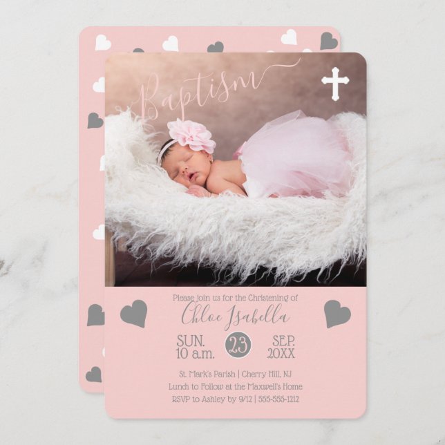 Blush Pink Girl Hearts Christening Baptism Photo Invitation (Front/Back)