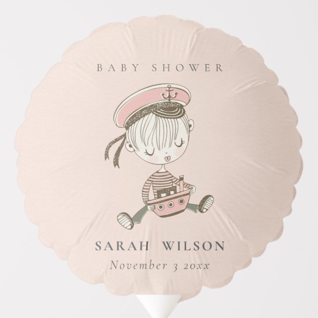 Blush Pink Girl Little Sailor Nautical Baby Shower Balloon (Front)