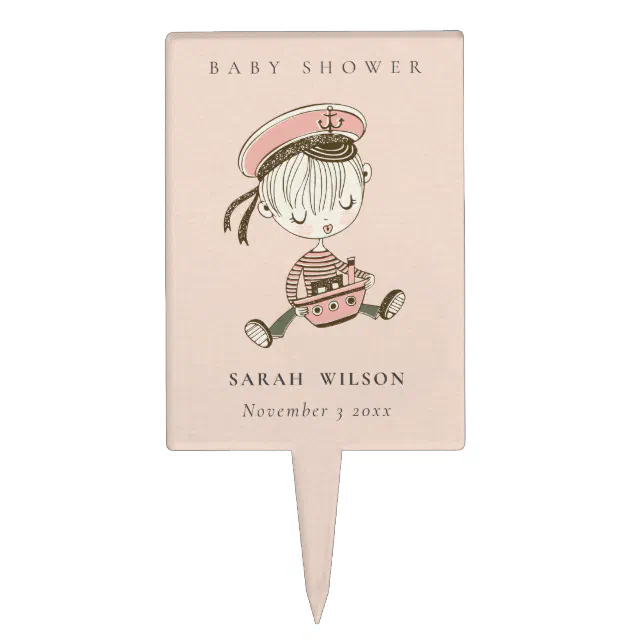 Blush Pink Girl Little Sailor Nautical Baby Shower Cake Topper
