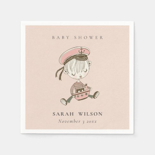 Blush Pink Girl Little Sailor Nautical Baby Shower Napkins
