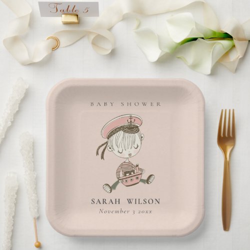 Blush Pink Girl Little Sailor Nautical Baby Shower Paper Plates