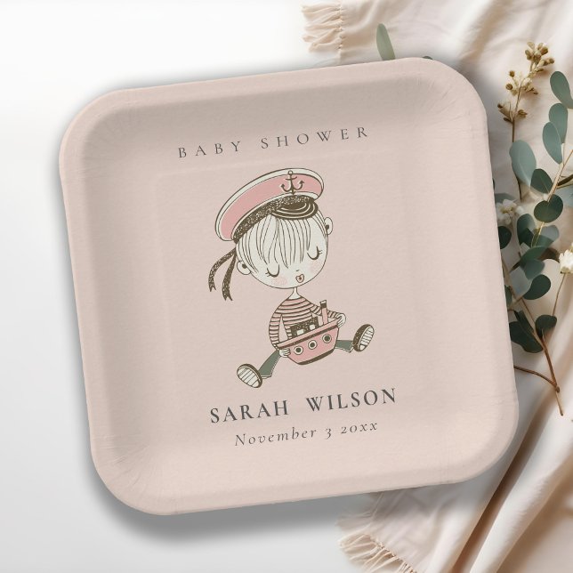 Blush Pink Girl Little Sailor Nautical Baby Shower Paper Plates (Creator Uploaded)