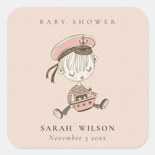 Blush Pink Girl Little Sailor Nautical Baby Shower Square Sticker