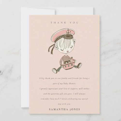 Blush Pink Girl Little Sailor Nautical Baby Shower Thank You Card