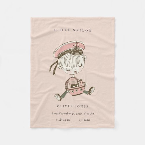 Blush Pink Girl Little Sailor Nautical Birth Stat Fleece Blanket