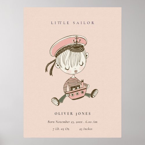 Blush Pink Girl Little Sailor Nautical Birth Stat Poster