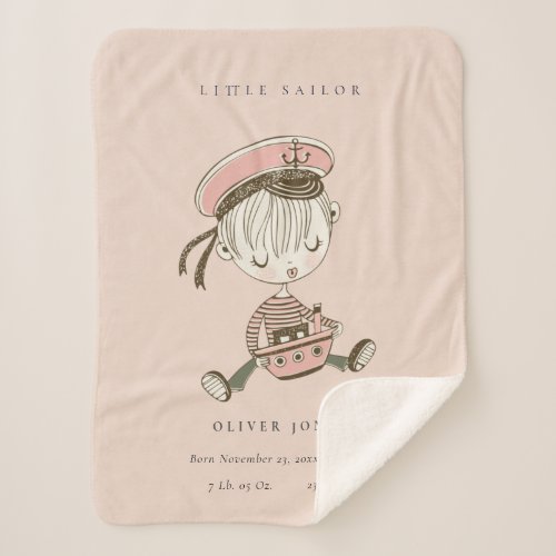 Blush Pink Girl Little Sailor Nautical Birth Stat Sherpa Blanket