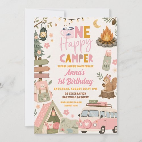 Blush Pink Girl One Happy Camper Birthday Invitation