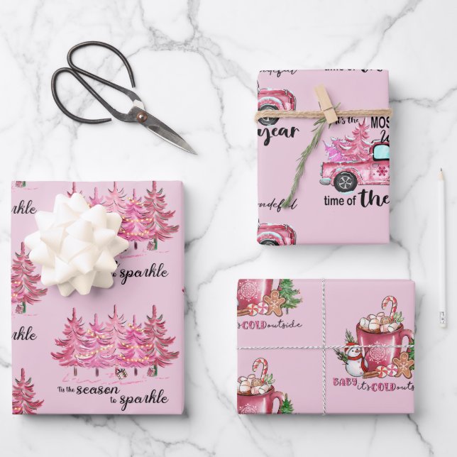 Blush Pink Girly Christmas Wrapping Paper Sheets (Front)
